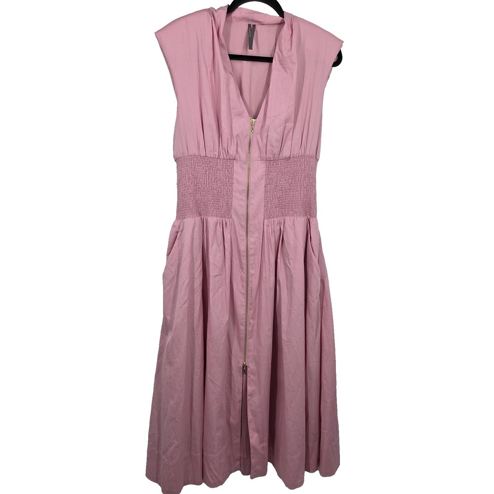 Anthropologie Shirt Dress Pink Tommie Smocked Front Zip Preppy Retro Large